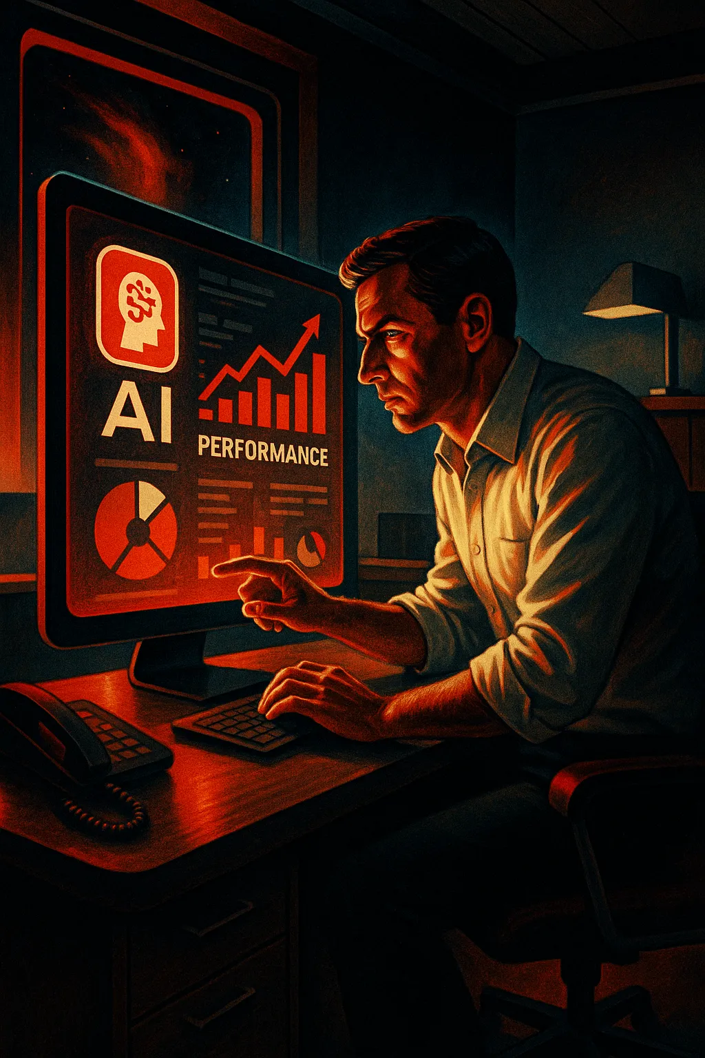 Man analyzing AI data on PC; RockN' Socials Digital Marketing Agency.