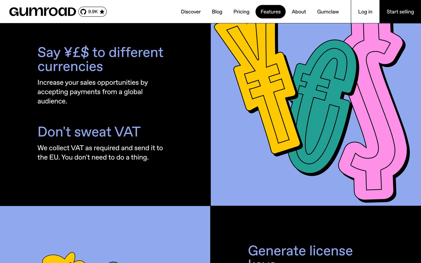 Gumroad’s features page: Don’t sweat VAT