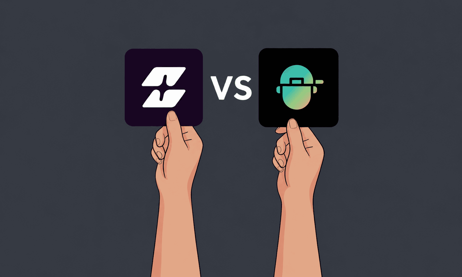 Two hands holding up the Selects logo and the Eddie AI logo side by side for comparison, representing a head-to-head review of the two AI video editing tools