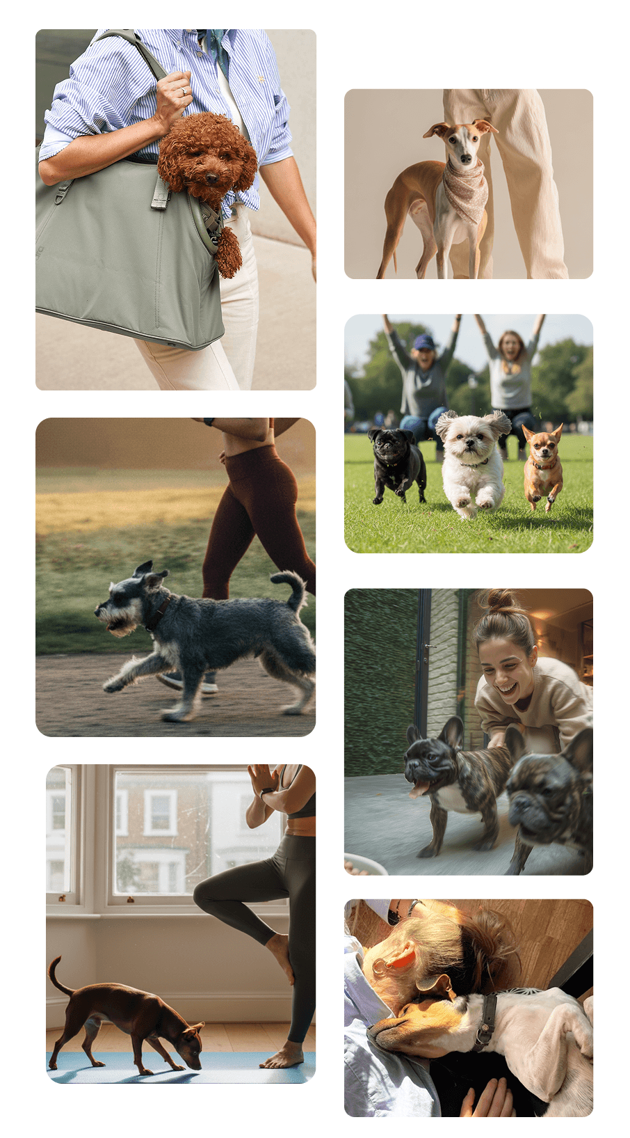 Six lifestyle scenes of stylish small dogs and their owners on city streets, in parks and at cafés – TENDS Wear, small dogs move with style
