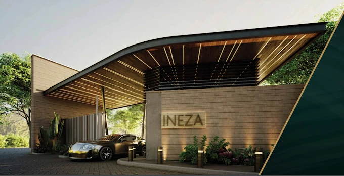 Path leads to tropical huts and lush greenery.