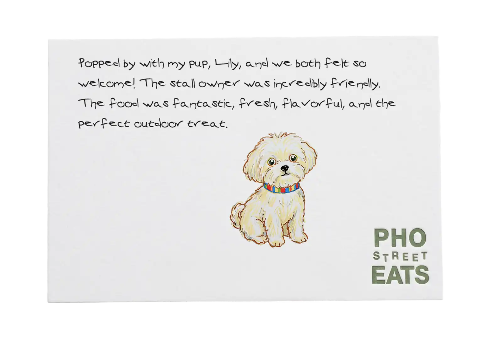 Pho Street Eats review card with a small dog, praising the welcome and the food.