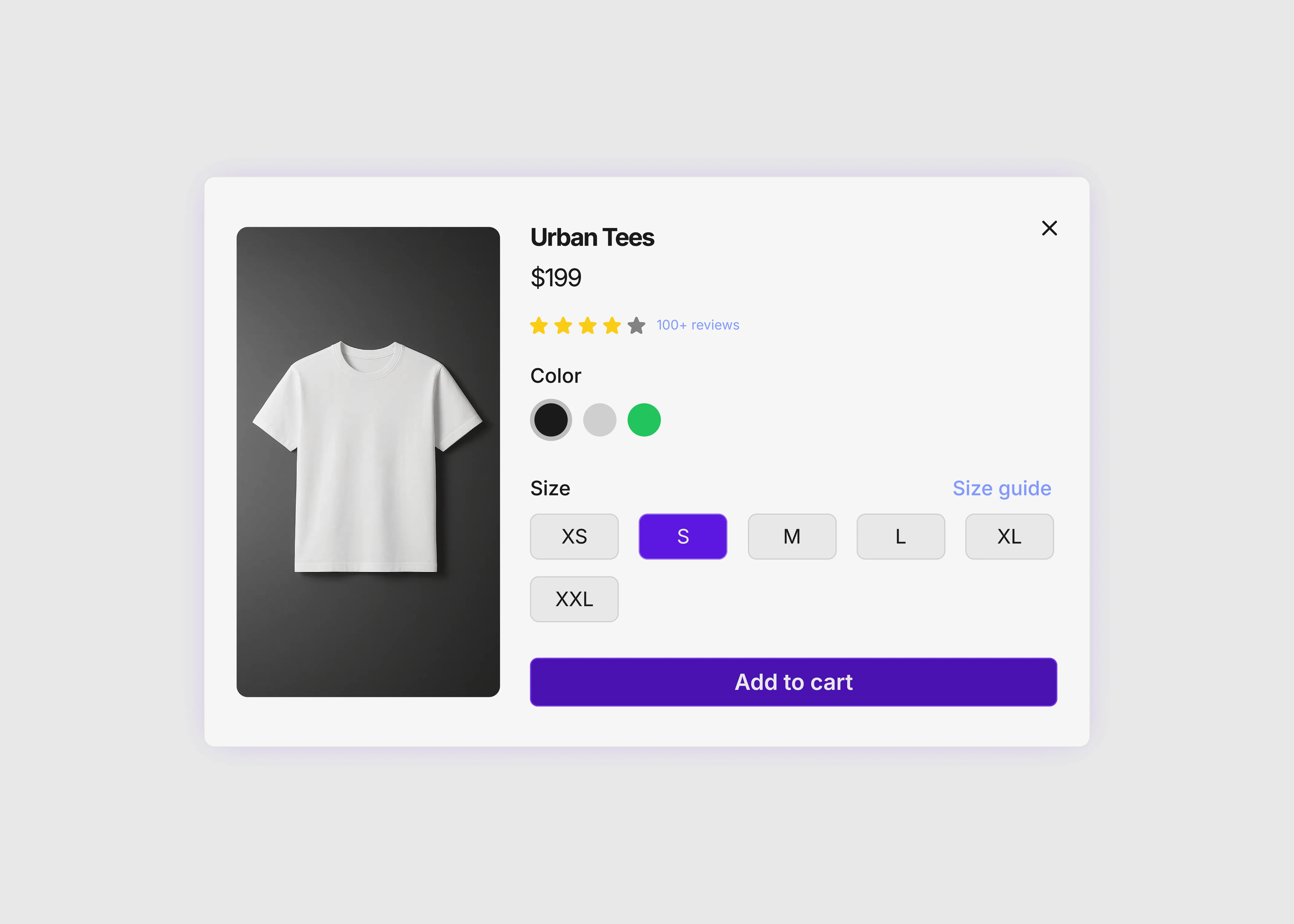 A product quick view pop up UI in light theme