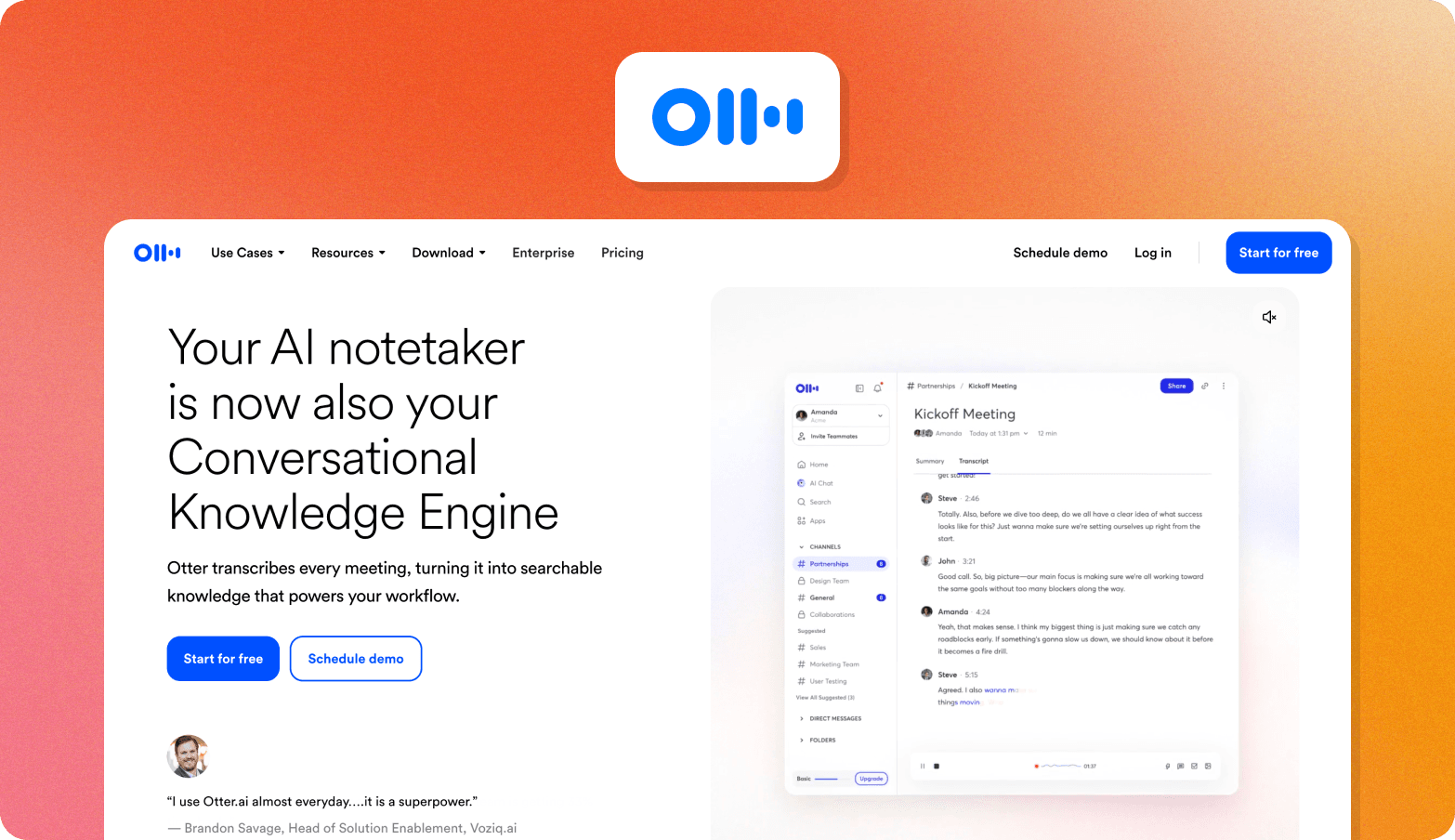 Screenshot of the Otter.ai website homepage with the headline "Your AI notetaker is now also your Conversational Knowledge Engine," showing a meeting transcript interface and a customer testimonial.