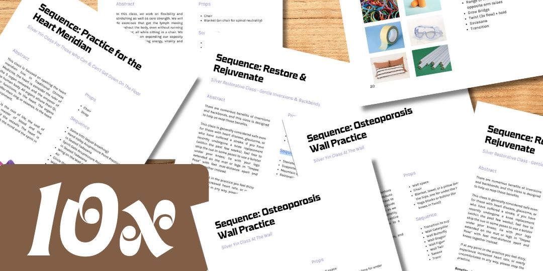 computer screen and a yoga class sequence sheet