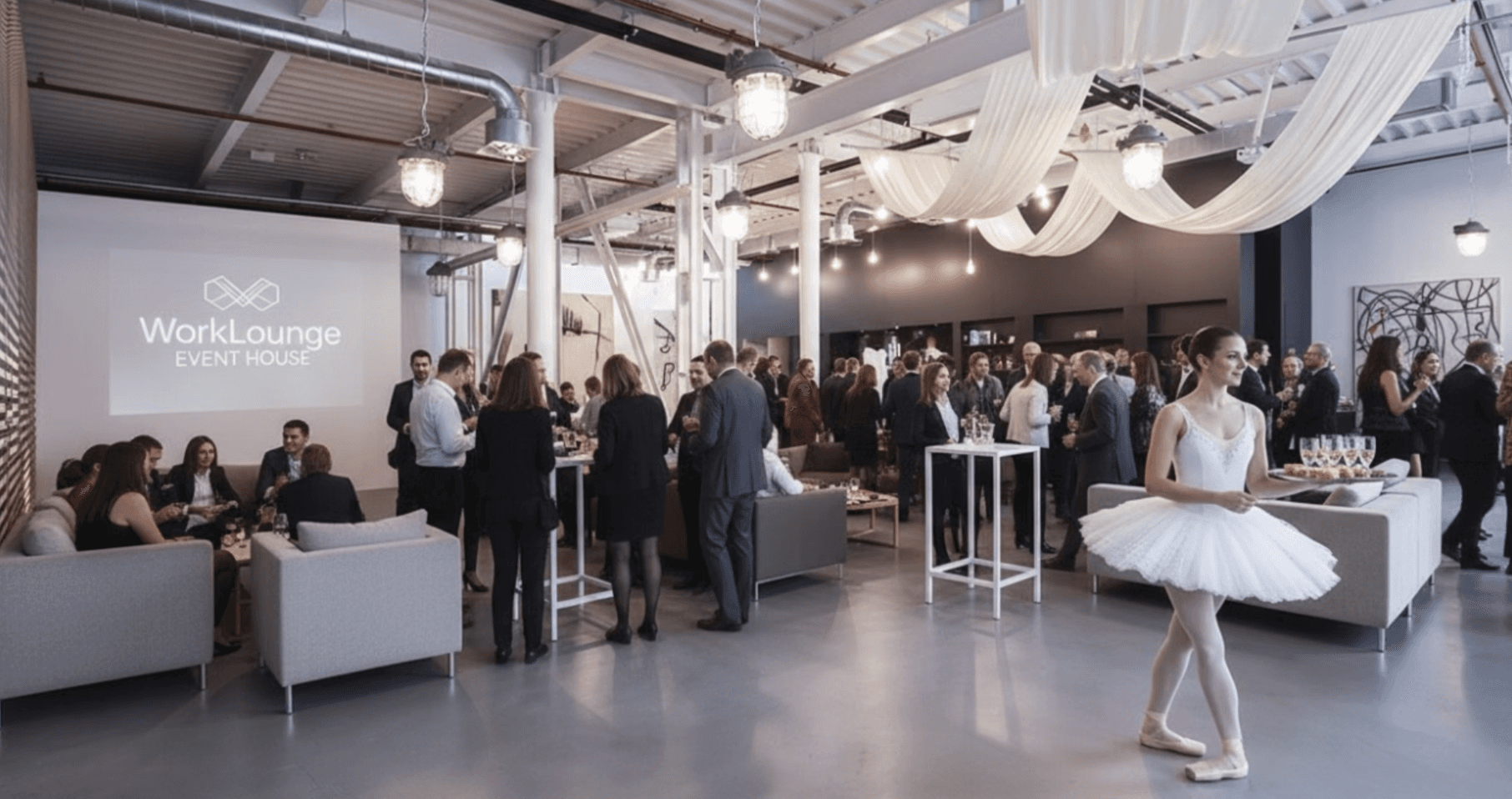Event house WorkLounge Karlín, room busy with people and a ballerina dancing in the front