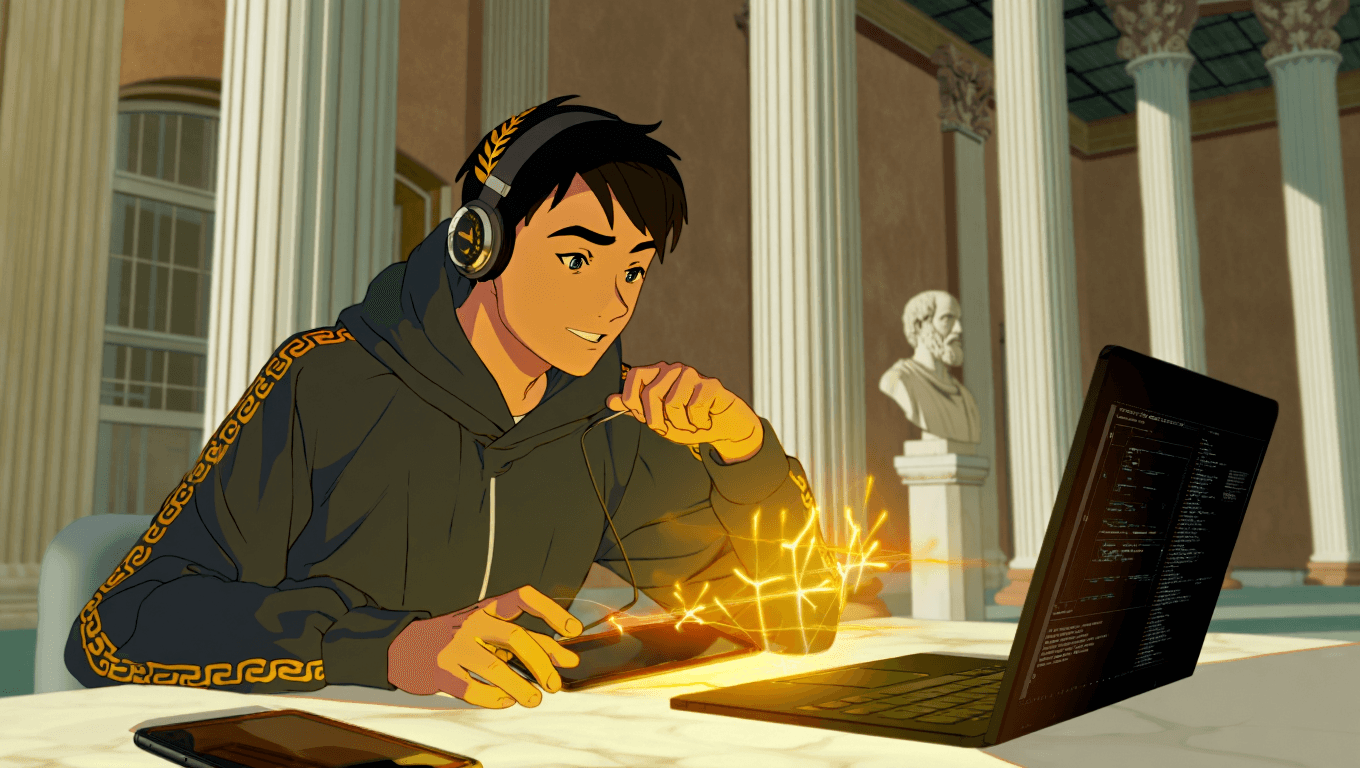 Student happily working on laptop