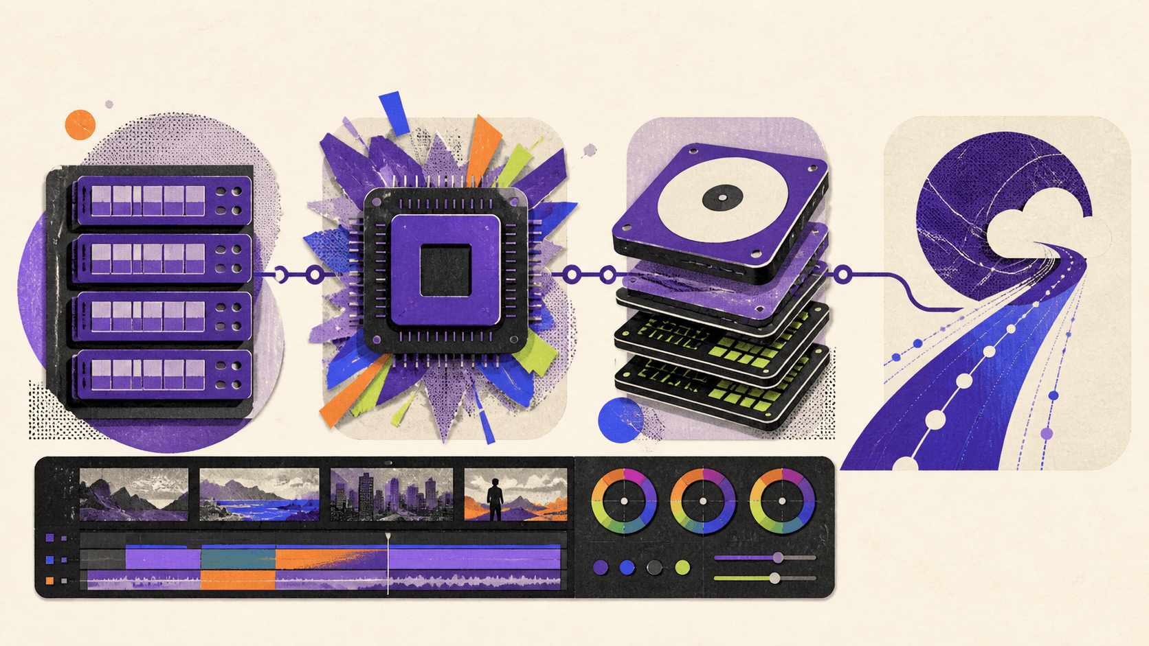 Illustration of RAM, GPU, storage, and network requirements for cloud video editing