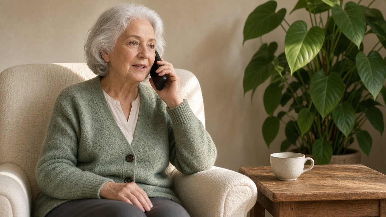 The image depicts an elderly woman with gray hair sitting comfortably in a beige armchair, engaged in a phone conversation using a black smartphone. She is wearing a light green cardigan over a white blouse. Next to her is a wooden side table holding a white ceramic cup, and in the background, there is a lush green potted plant. The scene suggests a calm, cozy, home environment, possibly highlighting communication or social connection for seniors.