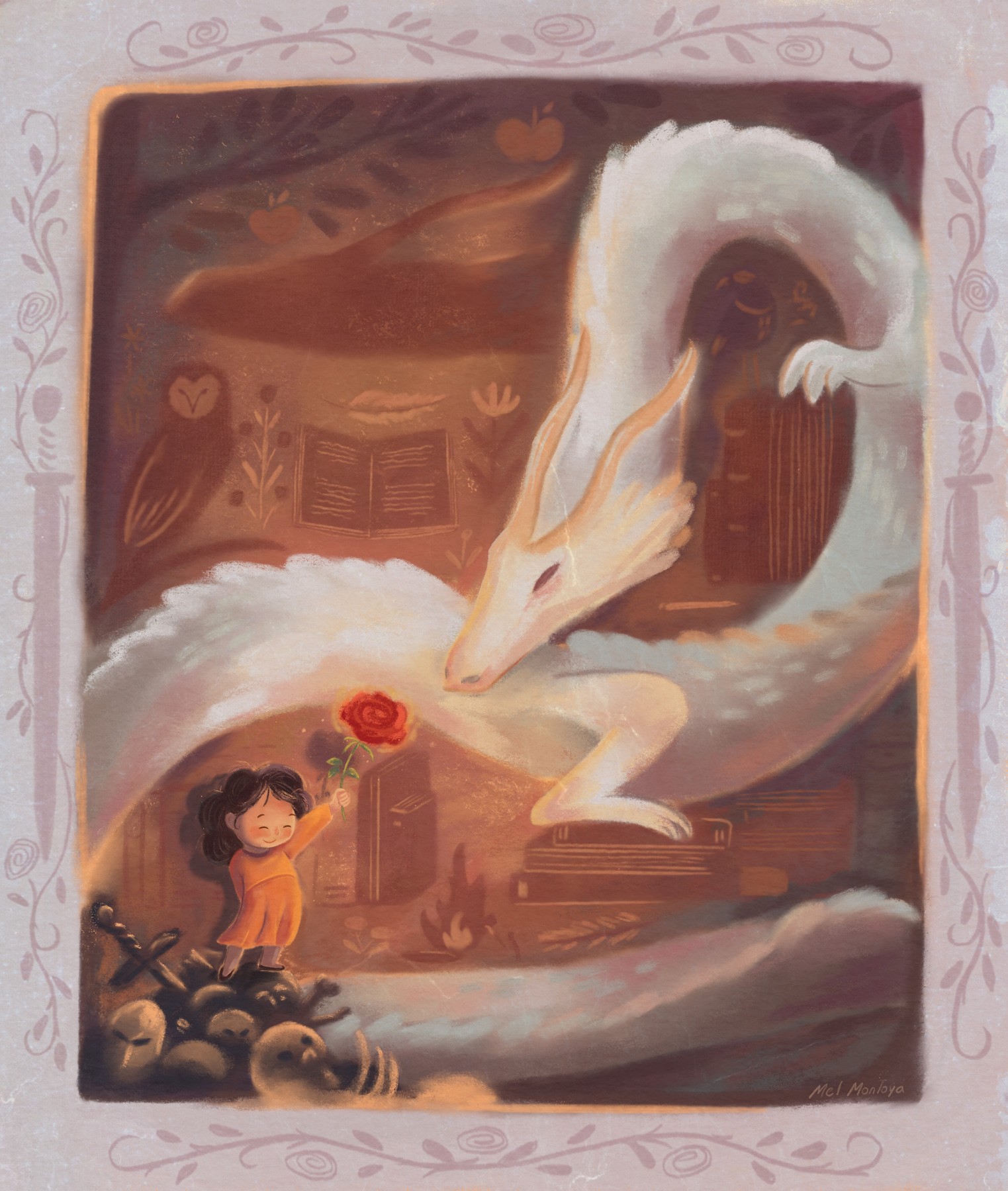 Sant Jordi postcard illustration of a girl offering a rose to a white dragon.