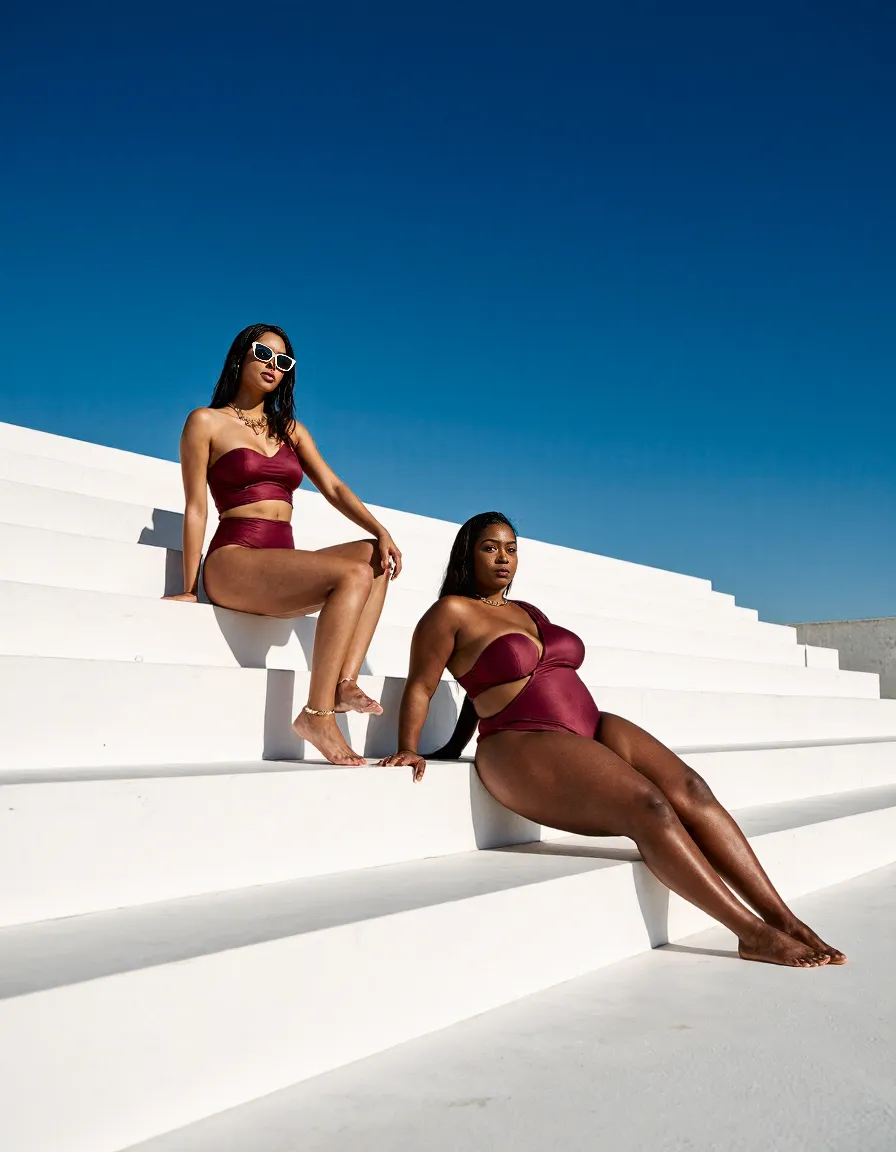 Two models in burgundy swimwear posing on white architectural steps against vibrant blue sky, showcasing summer fashion