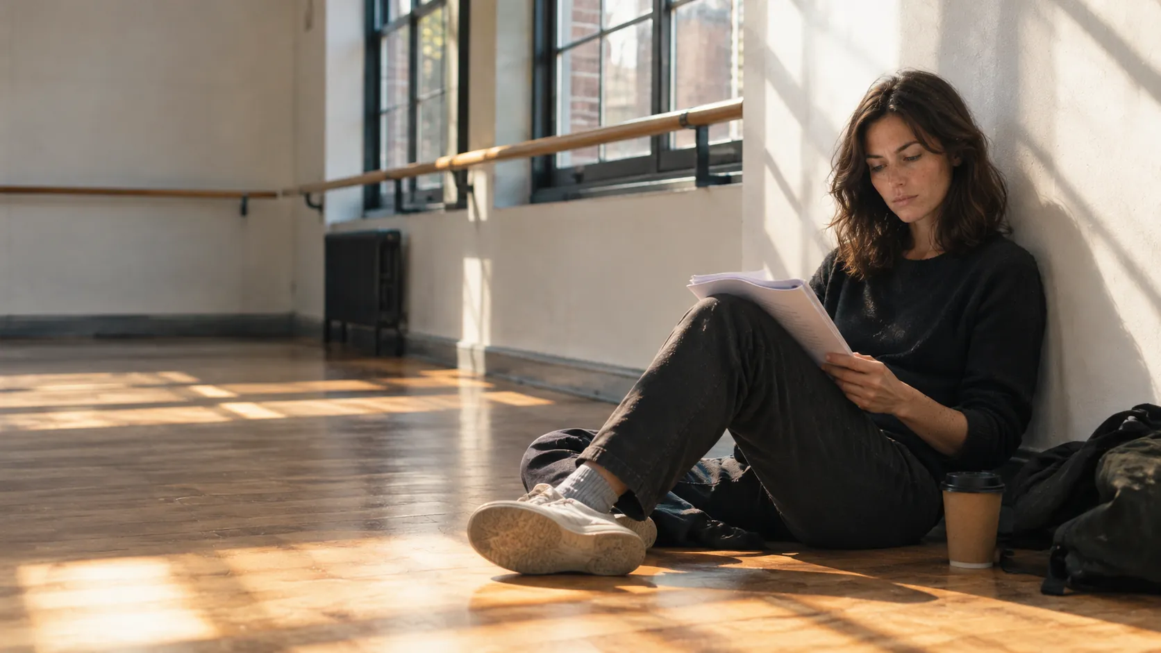 Ada Fairley reading a script on a rehearsal-room floor