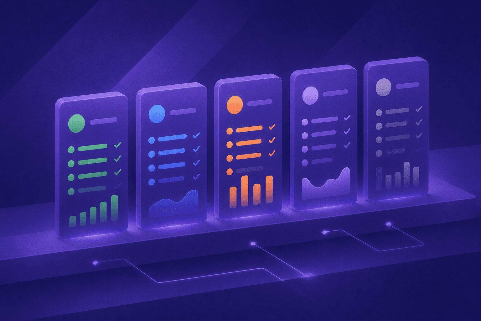 A clean, modern B2B technology illustration showing a side-by-side software comparison concept: four or five abstract dashboard panels or interface cards arranged in a row on a dark navy background, each with subtle glowing data indicators, checkmarks, and abstract metric bars in different colors — green, blue, orange, and grey — conveying evaluation and scoring of multiple platforms, with digital connection lines and a professional abstract aesthetic, no people, no faces, no text, no letters, no numbers