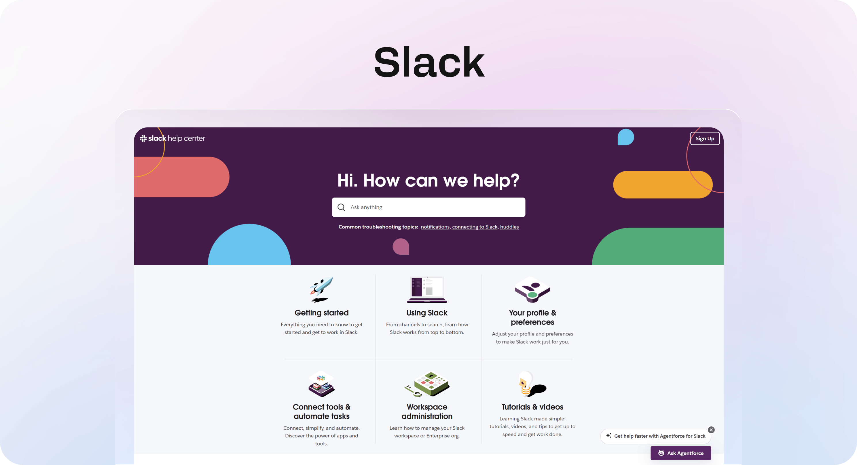 Screenshot of Slack’s help center with a colorful search header and support categories like getting started, administration, and tutorials.