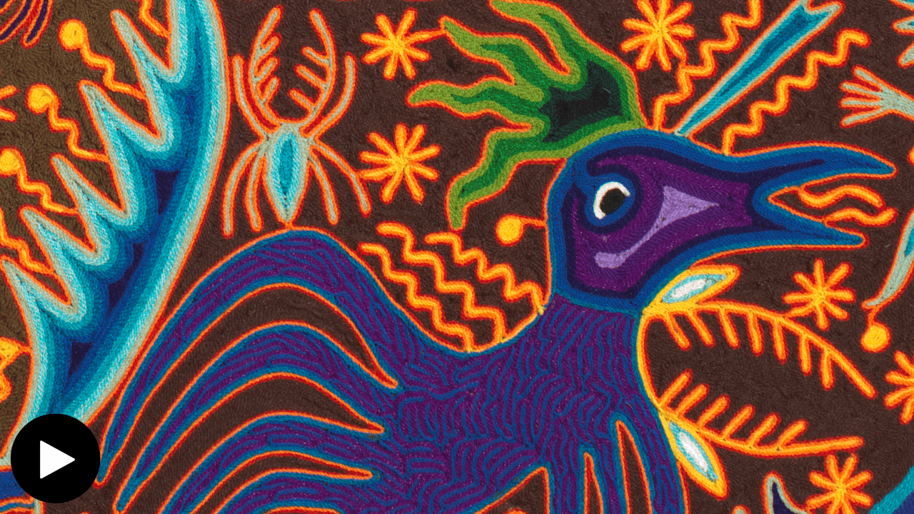 Detail of José Benítez Sánchez's yarn painting featuring an eagle figure.