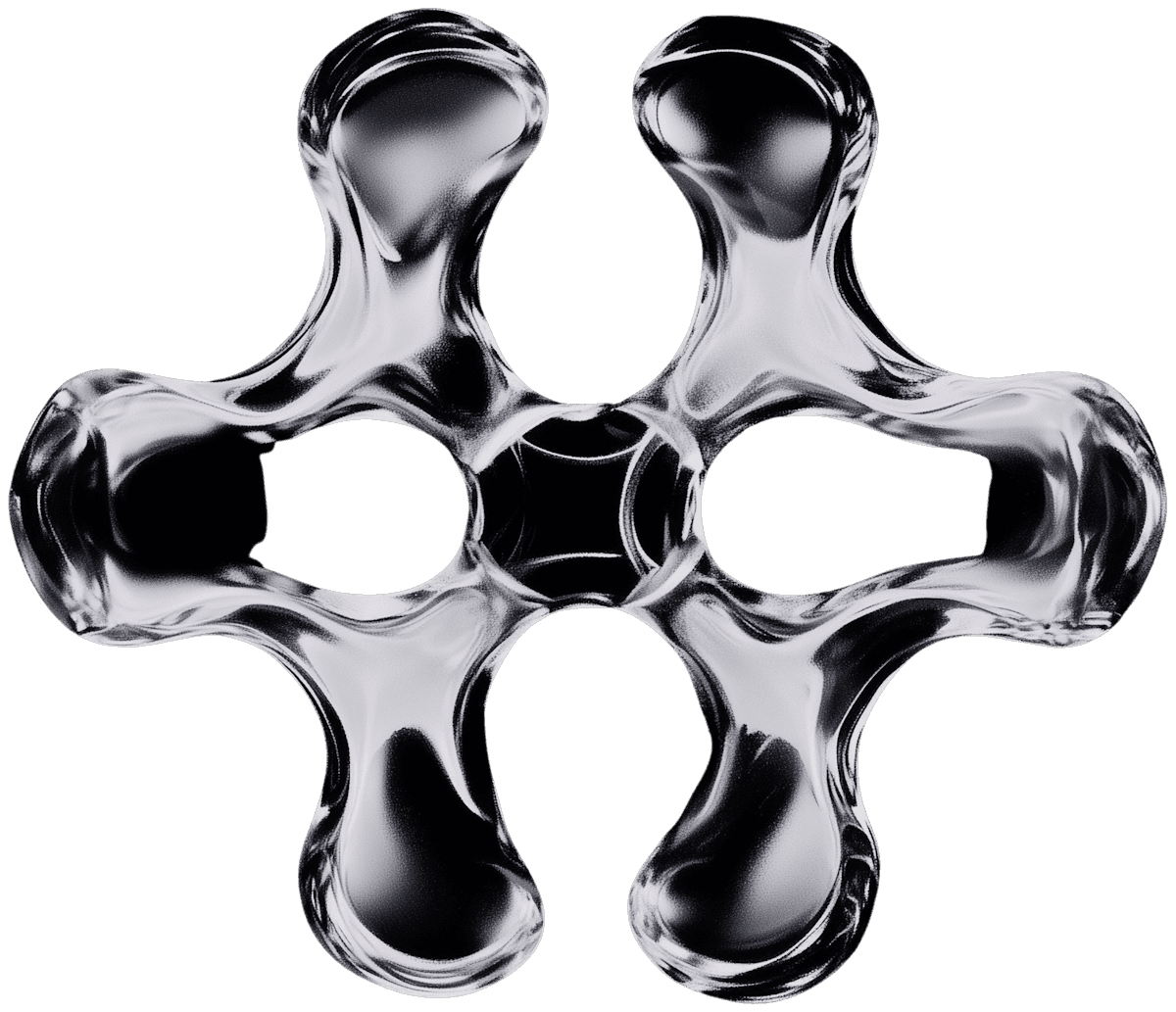 Abstract glossy metallic form with four symmetrical lobes and smooth reflective surfaces, centered on a black background.