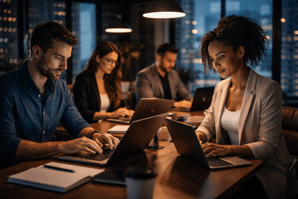 professional team working at laptops in a modern dark-toned office