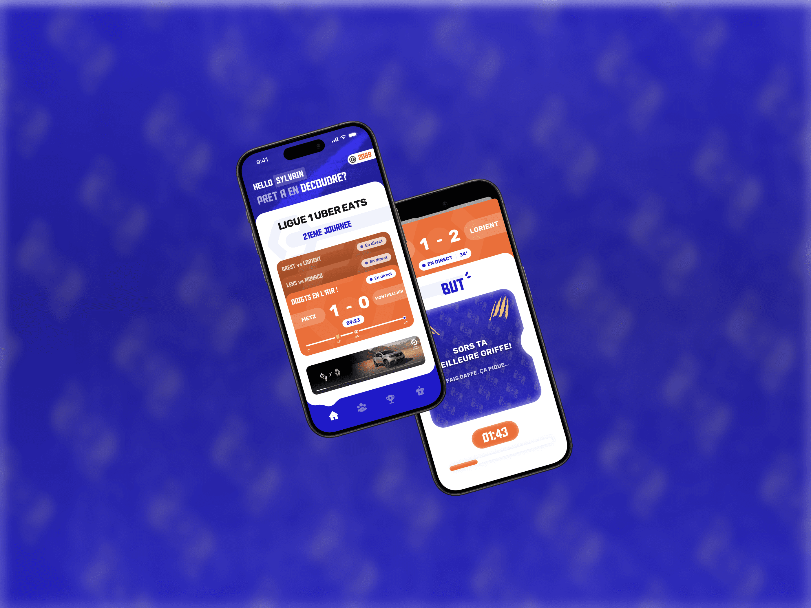 Deux smartphones affichant l'application mobile de football Renard des Surfaces.
