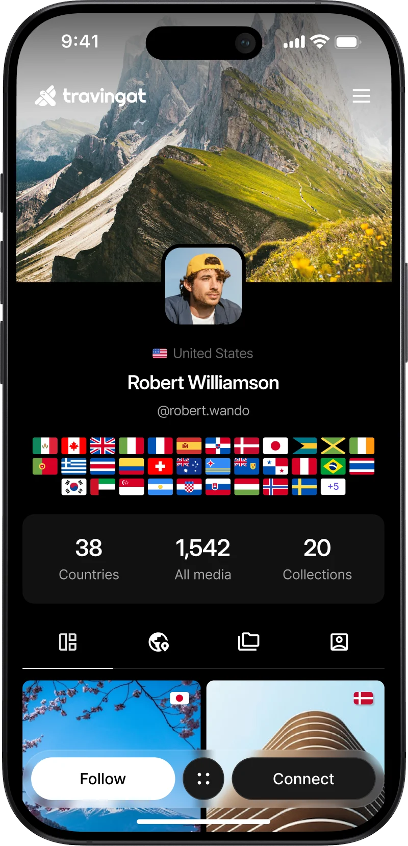Travingat app traveler profile with cover photo, countries visited, and travel gallery.