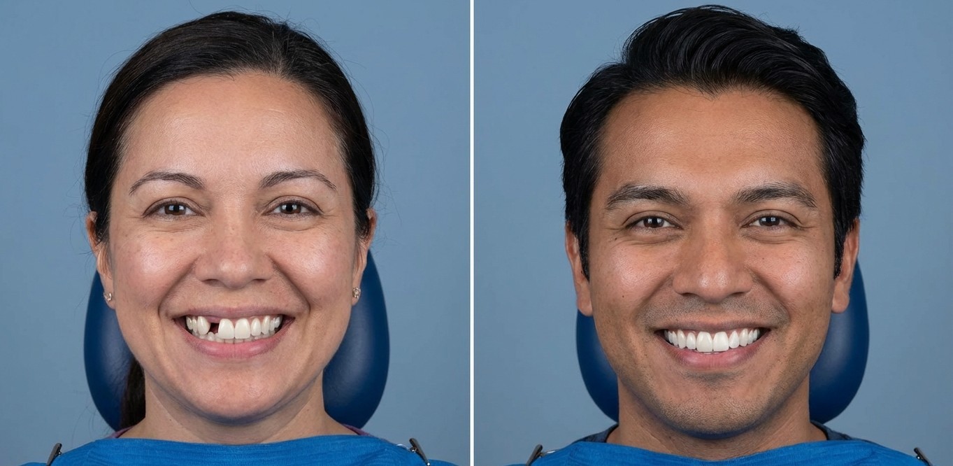 Side-by-side comparison of dental bridge and implant restorations showing different approaches to missing tooth replacement