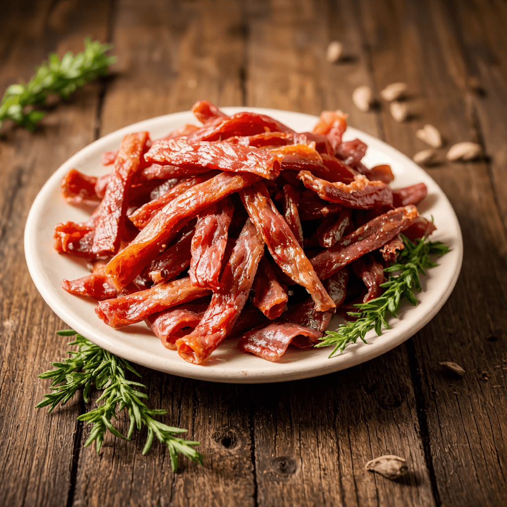 product photography of plate of dried meat strips