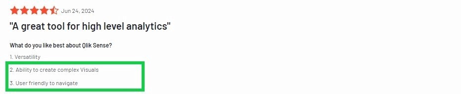 User review highlighting Qlik Sense versatility, ability to create complex visuals, and ease of navigation