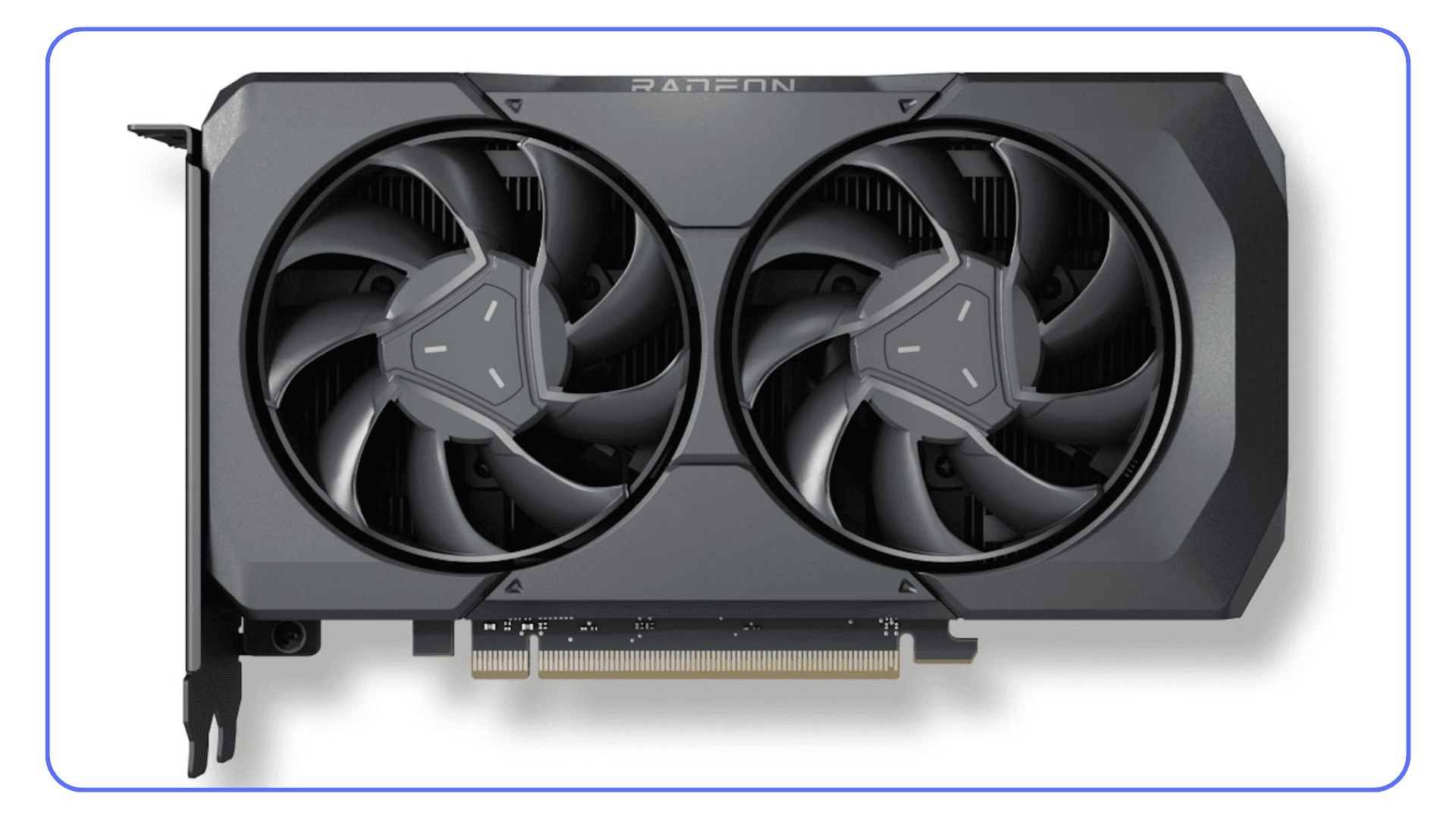 AMD Radeon RX 7600 graphics card held by a user in a creative studio