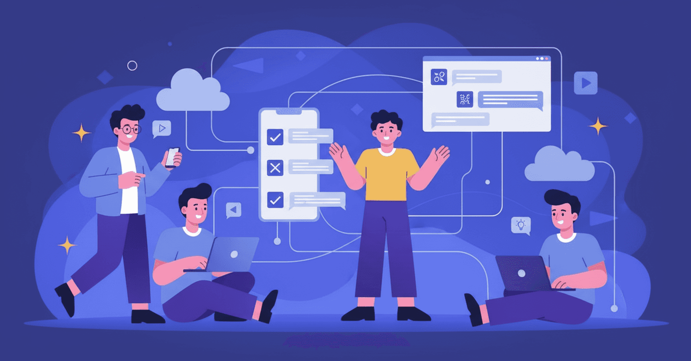 Modern workplace learning ecosystem showing employees using mobile devices and laptops with messaging applications, notifications flowing naturally into their workday. Clean, professional illustration style with blue and purple gradient tones. Show interconnected workflow with learning content seamlessly integrated into communication channels. Abstract representation of knowledge delivery through digital channels without disrupting work. Modern, minimalist design with flowing lines connecting devices and people.