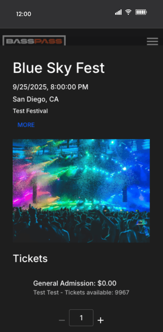 BassPass mobile app showing ticket availability and seating sections in a seating chart for EDM Festivals and raves