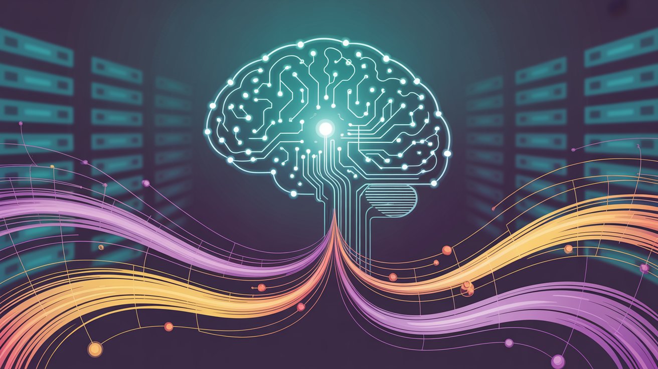 AI brain analyzing data streams with colorful waves representing predictive lead scoring and pattern recognition in sales prospecting