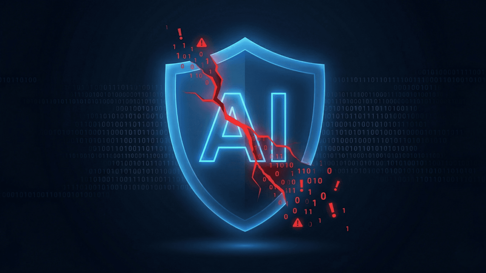 青いデジタルシールドに赤い亀裂が入ったコンセプト画像。jailbreak攻撃によりAIの安全制御が迂回され、医療AIの脆弱性が実証された事象を象徴している。