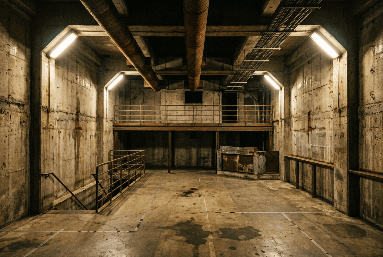 Silhouettes of people in a dimly lit space, creating an eerie and mysterious atmosphere.