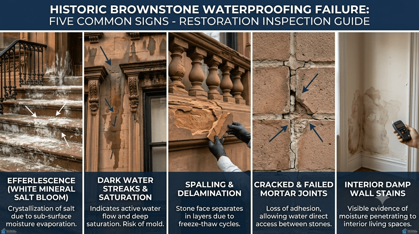Educational collage showing five common brownstone waterproofing failure signs: efflorescence, dark water streaks, spalling stone, cracked mortar joints, interior damp wall stains, labeled restoration inspection guide, realistic close-up photography