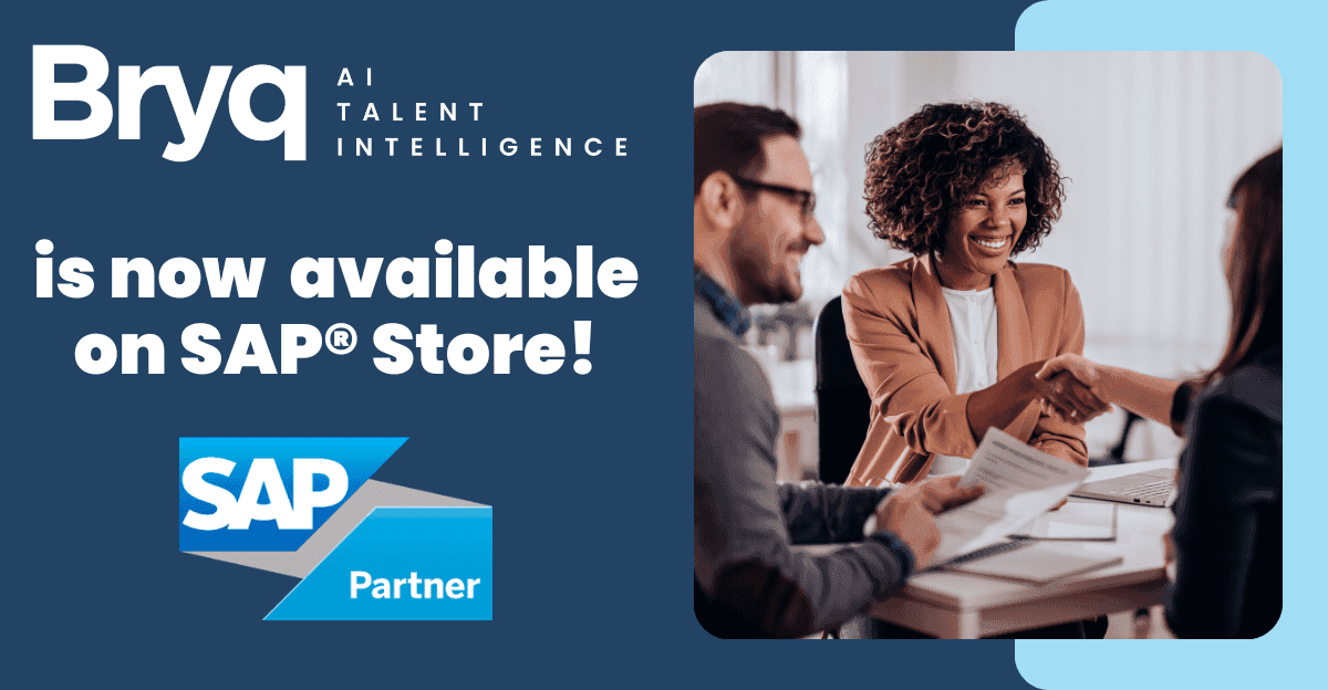 Bryq AI Talent Intelligence now available on SAP Store with SAP Partner logo and a handshake in a professional setting.