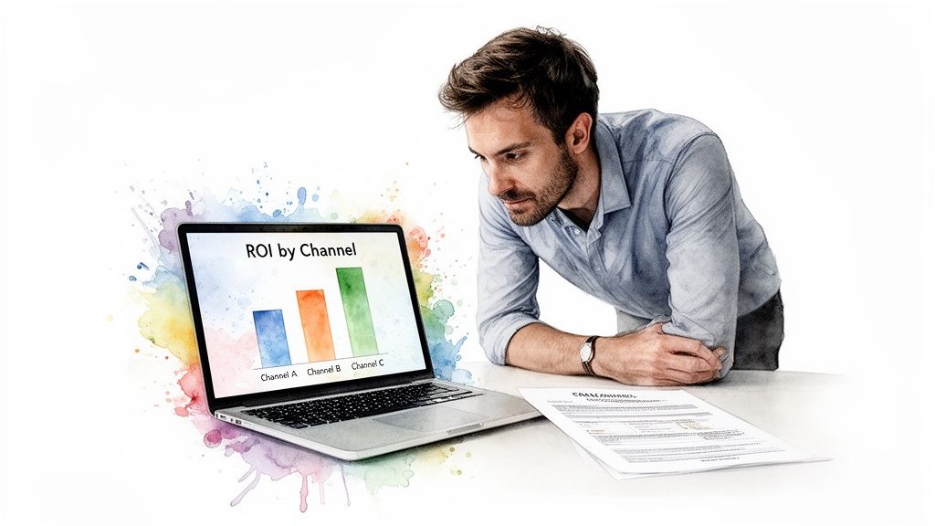 A man intently looking at a laptop showing a bar chart of ROI by channel.