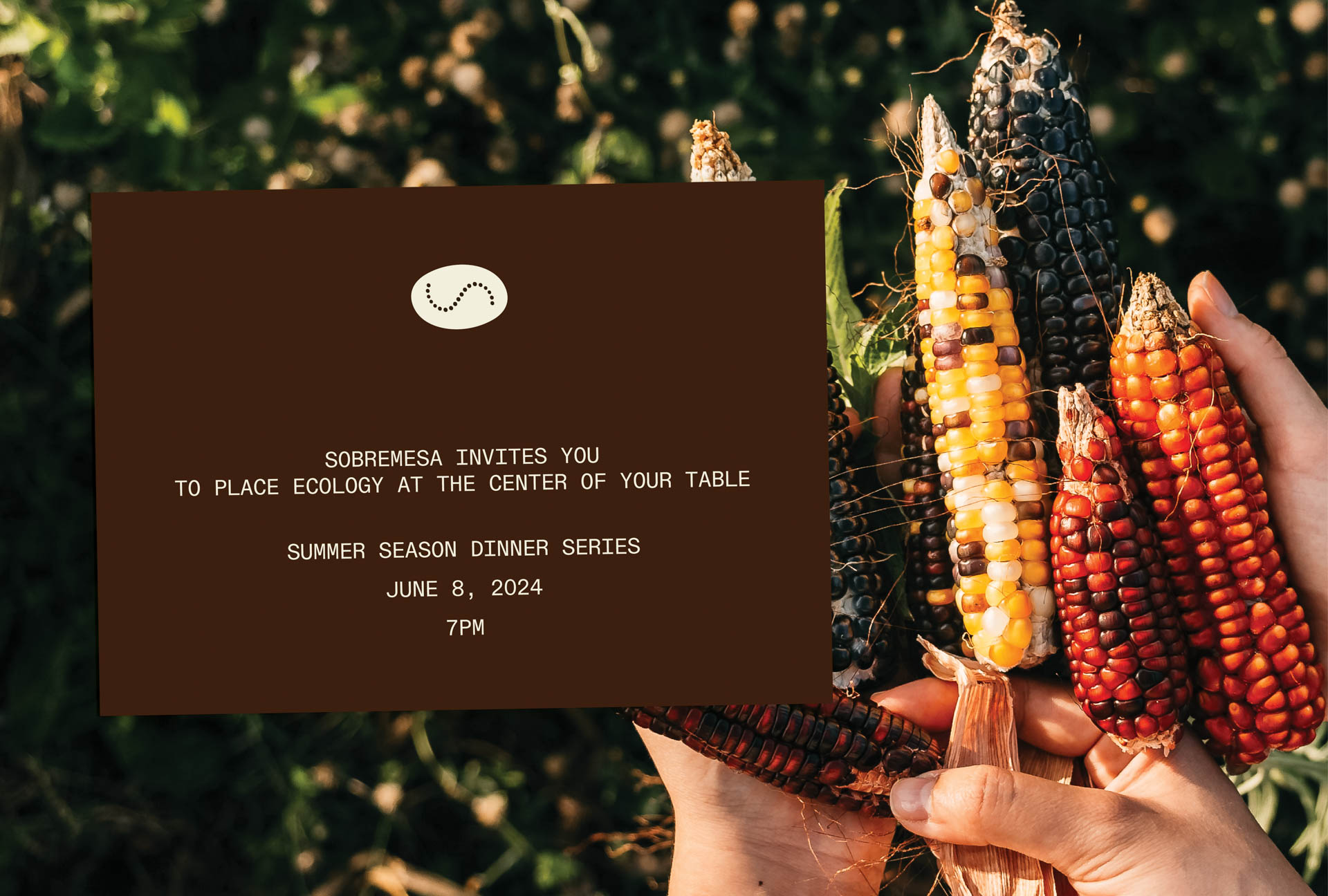 A laptop screen displays a webpage titled "In Season at Hacienda Mamecillo," featuring a farm-to-table menu that lists ingredients such as breadfruit, spices, wild plants, and fruits, along with sourcing information from a local farm. The laptop is set against a black background.