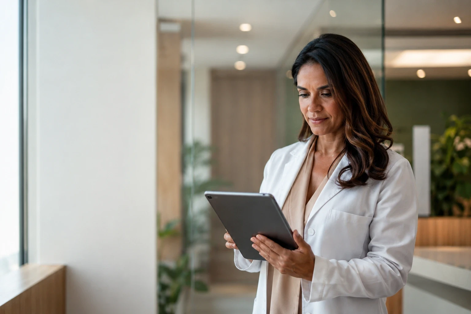 Médica analisando a geração de leads para clínica em um tablet, dentro de uma clínica moderna em Uberlândia