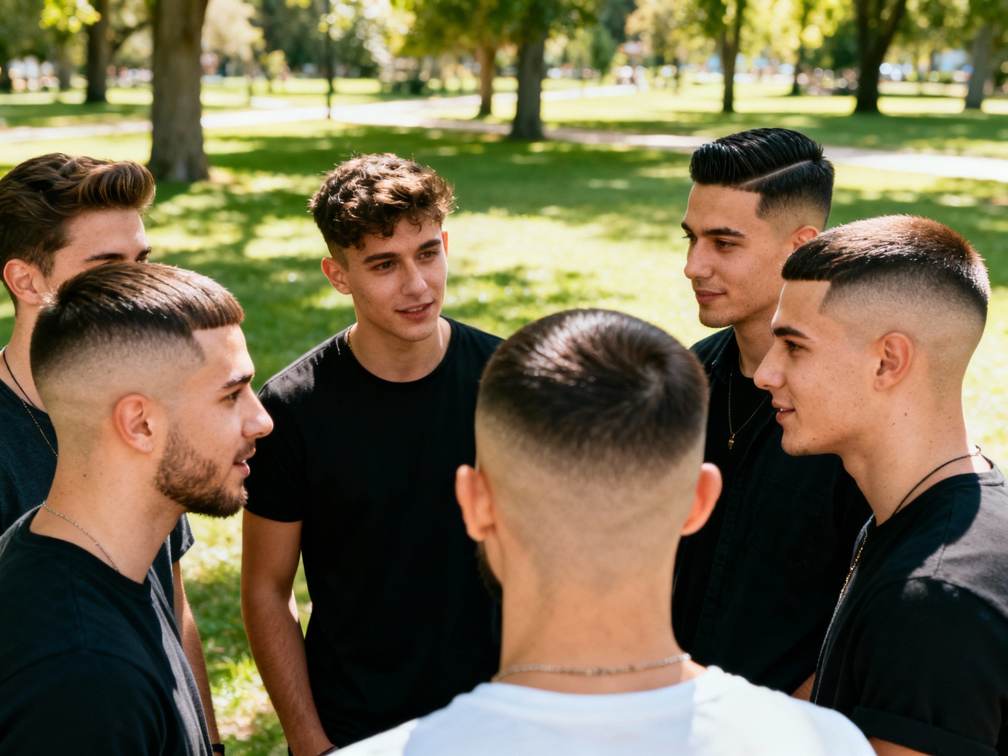 A candid outdoor scene during midday in a sun-dappled park featuring a group of guys with various