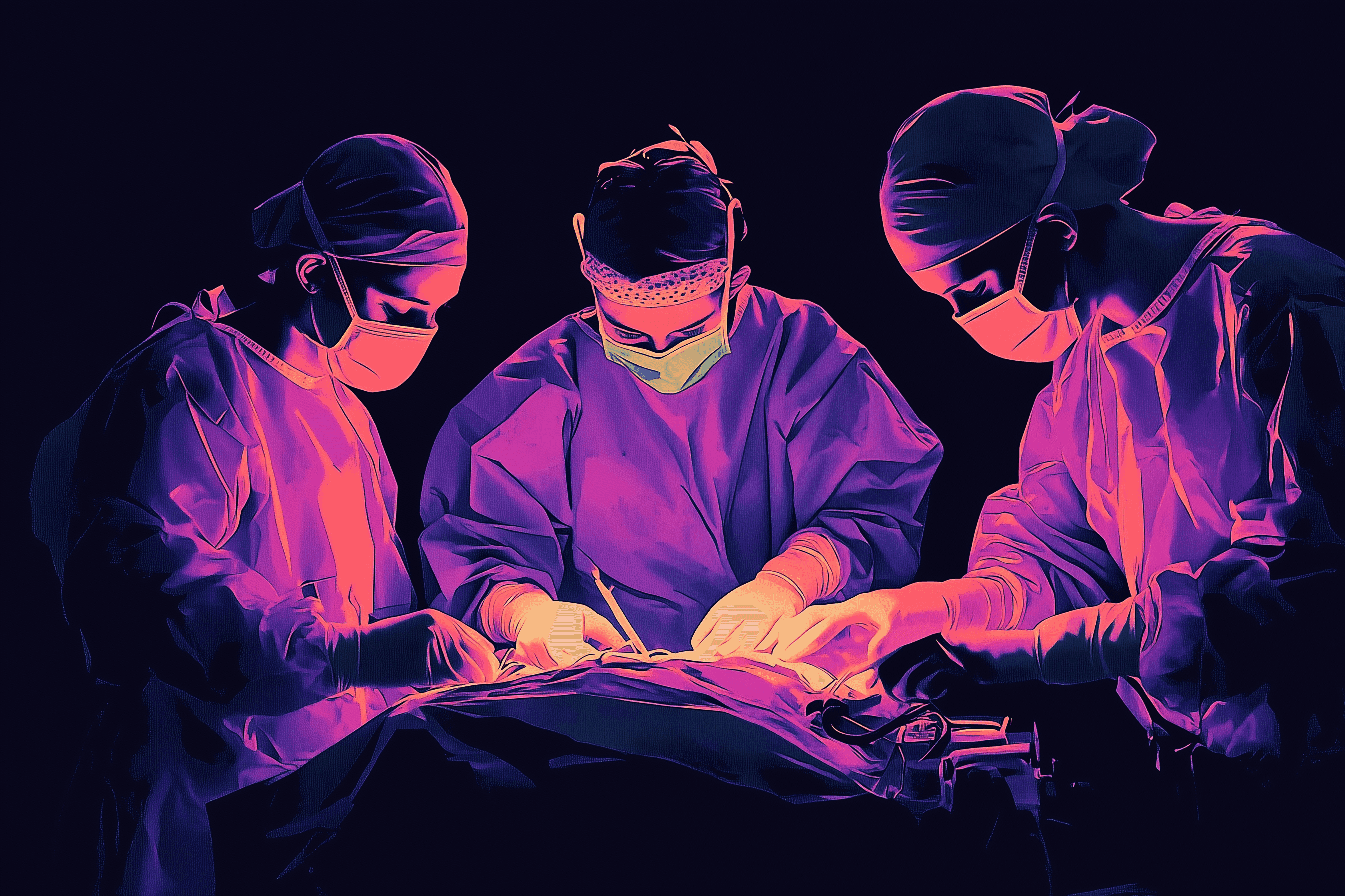 Three surgical staff members operating on a patient