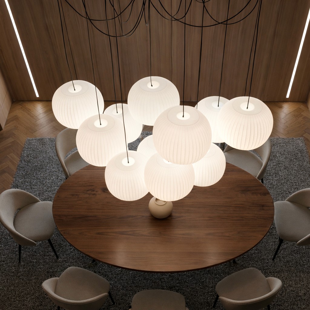 A high-angle bird's-eye view of the glowing globe chandelier centered directly above a round wooden dining table.