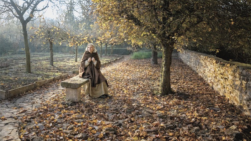 Sacred artwork by Faith and Verse. © Faith and Verse, 2026. All rights reserved. Saint Aldegundis in contemplation at the abbey garden.