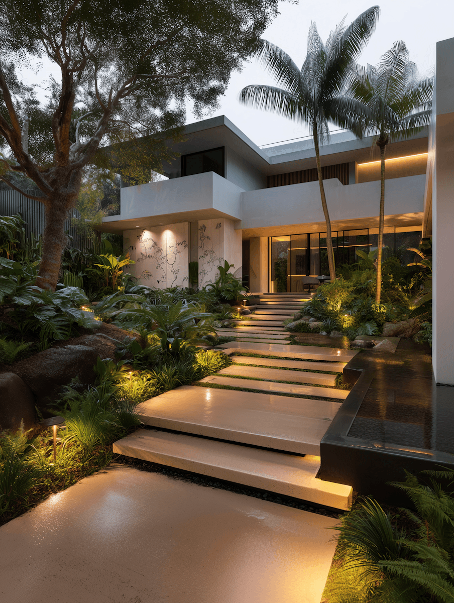 Luxury villa at twilight with illuminated floating stepping stone pathway, tropical palm trees, and warm interior glow through floor-to-ceiling glass