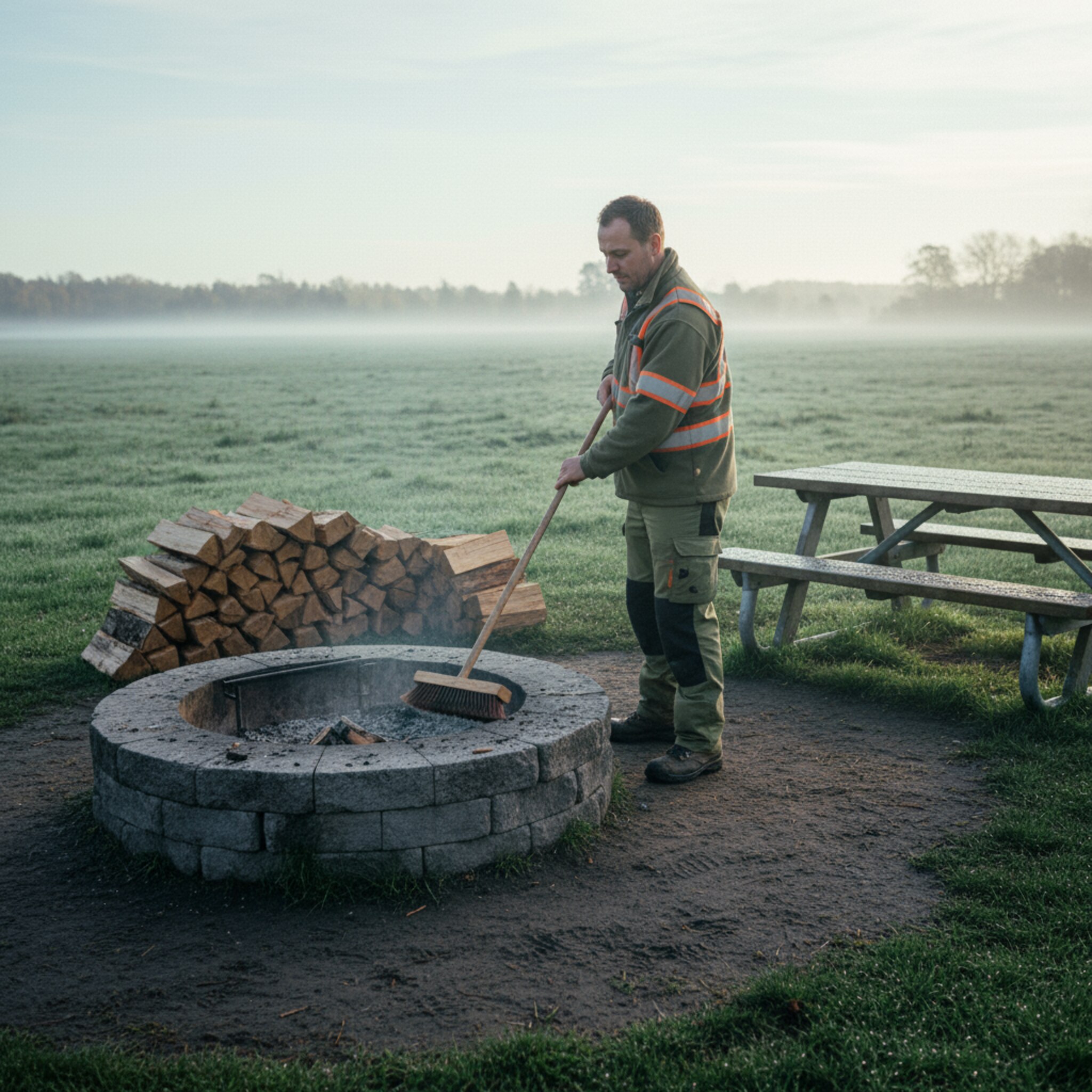 Am frühen Morgen fegt ein Mitarbeiter des Bauhofs die Asche aus einer Feuerstelle und legt frisches Holz bereit. Nebel hängt flach über der Wiese, der Boden ist noch feucht. Ein robustes Holztisch-Set steht ordentlich ausgerichtet. Die Szene vermittelt Vorbereitung, Ordnung und Sorgfalt.