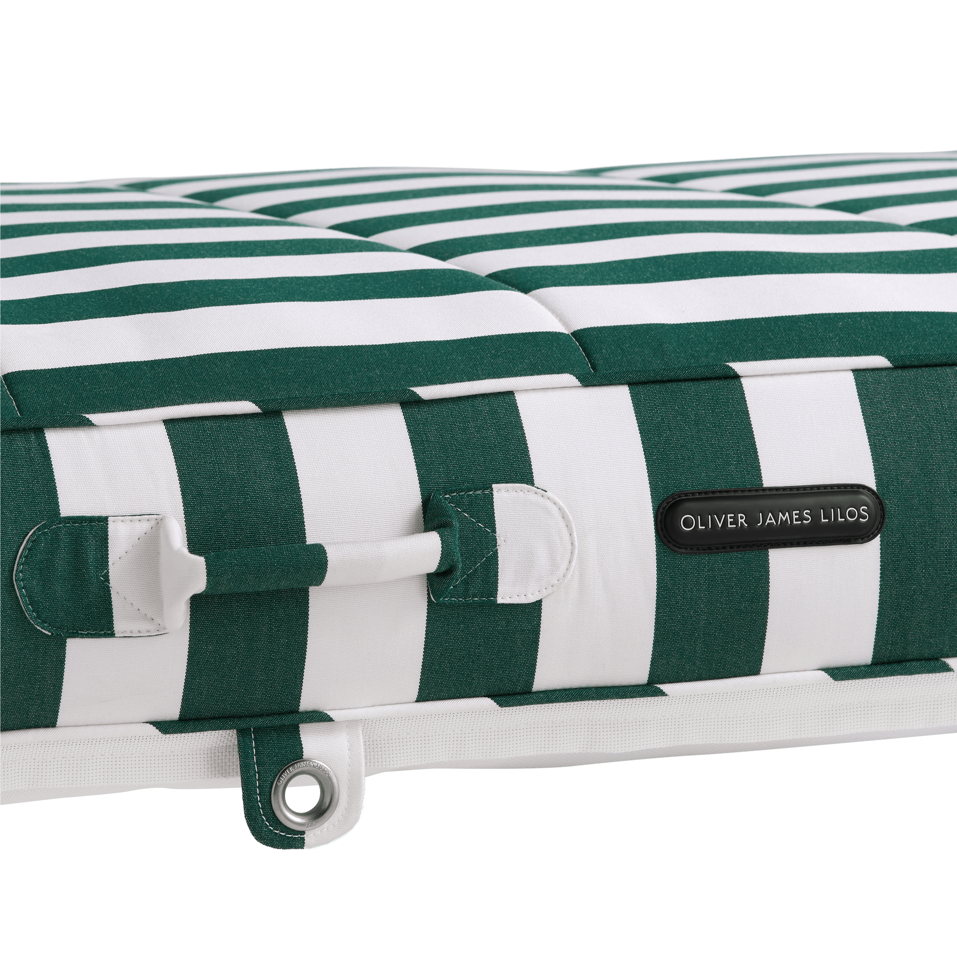Close-up of a pool float with green-and-white canvas handle, topstitched seams, and stainless eyelet