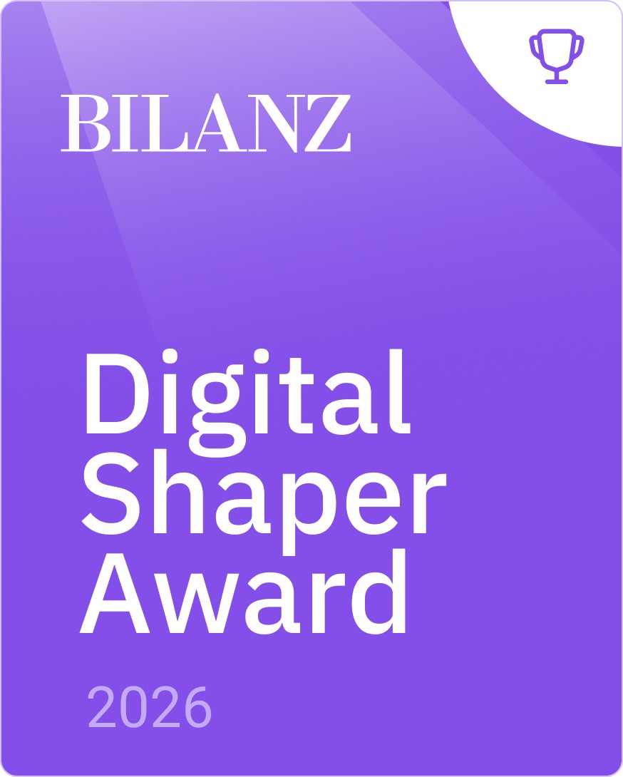 Purple award poster reads: "BILANZ Digital Shaper Award 2026" with a trophy icon. Modern and professional tone.