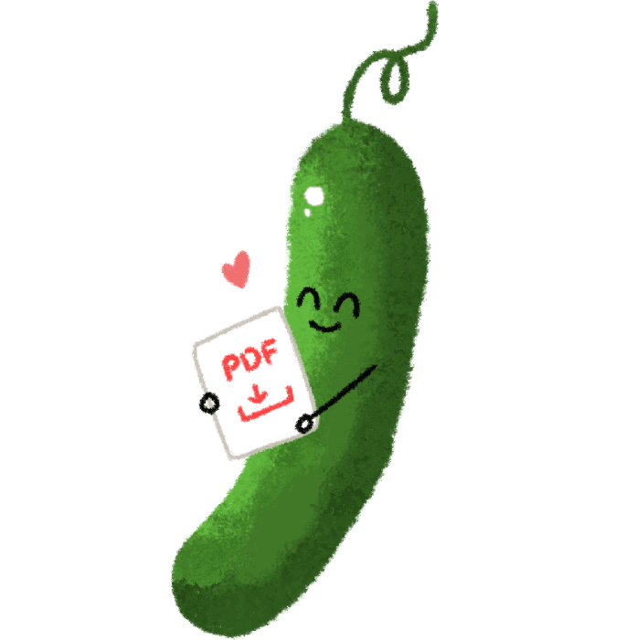 A smiling cartoon cucumber holds a document labeled "PDF" with a download icon, and a small red heart floats nearby.