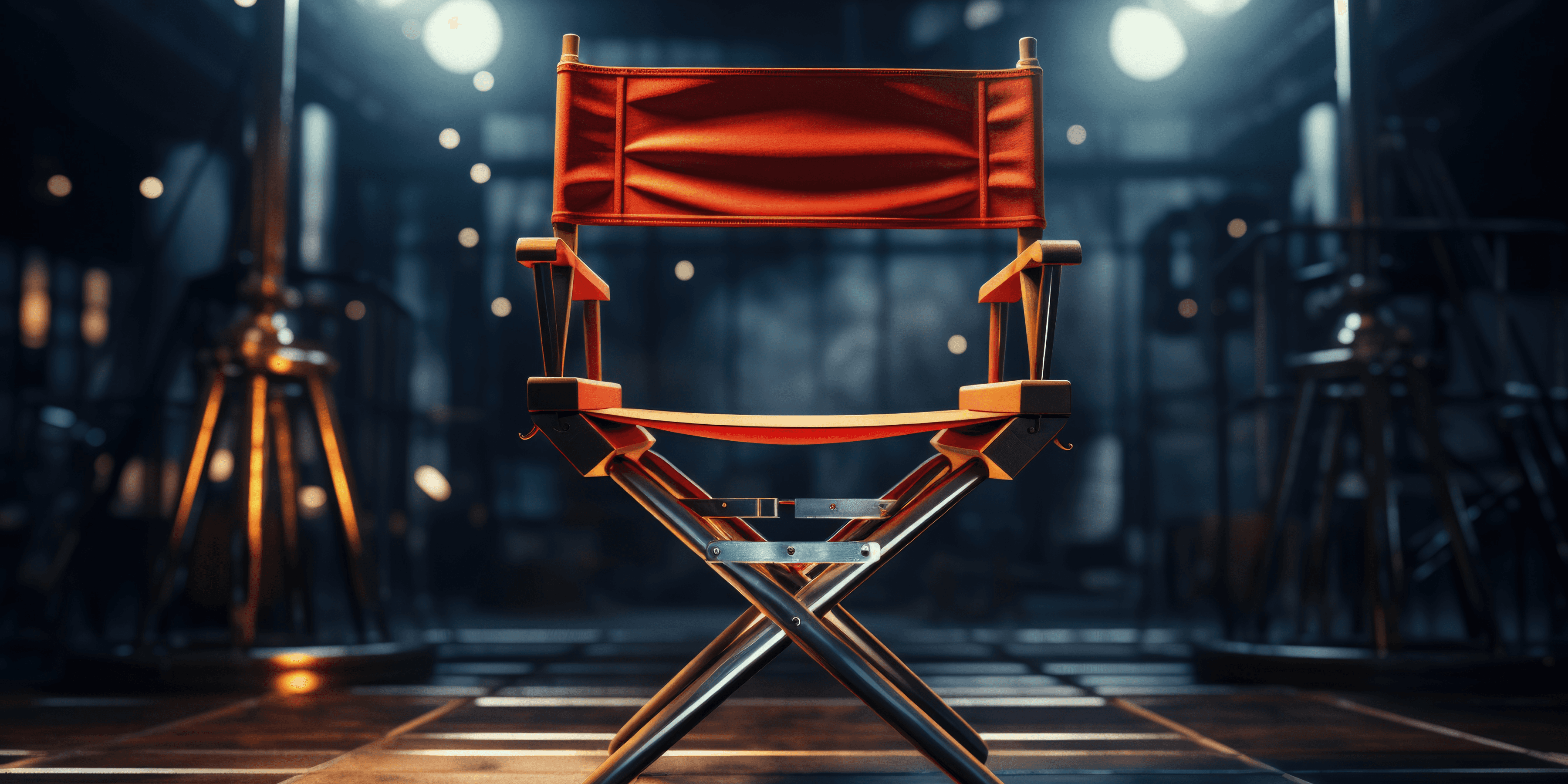 A bright red director’s chair in an empty film set, symbolizing the start of an untold story and creative possibilities.