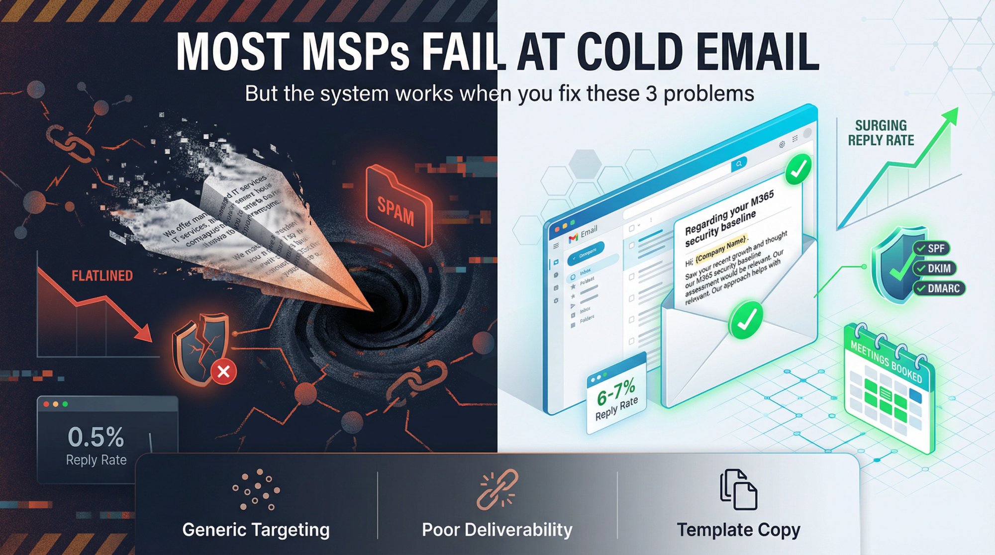 Split-screen illustration showing failed MSP cold email attempts on left and successful inbox delivery on right