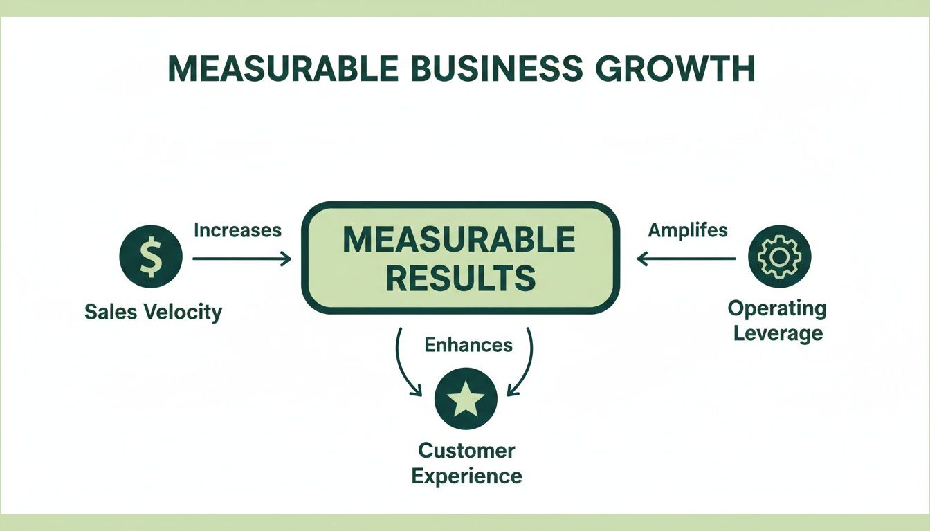 Diagram showing measurable business growth driven by sales velocity, operating leverage, and customer experience.