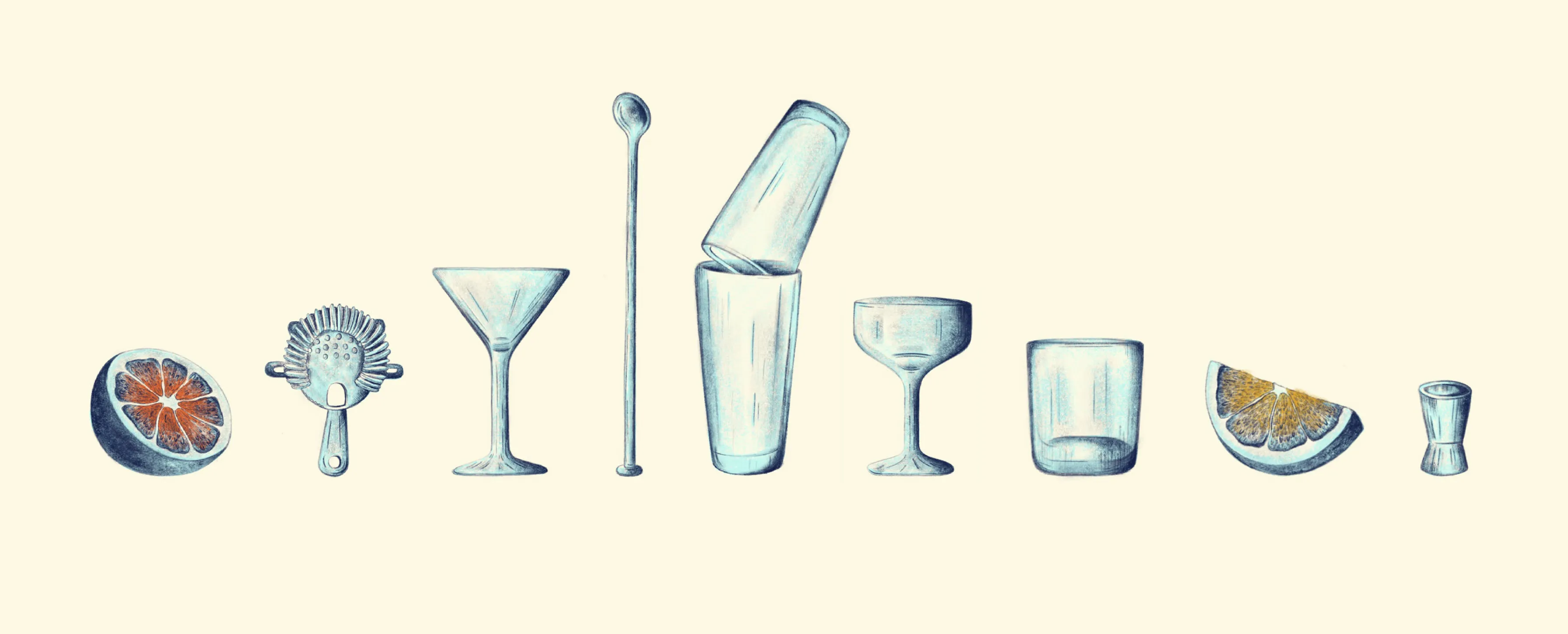 Hand-drawn illustrations of bar tools and glassware used throughout the Small Bar menu design